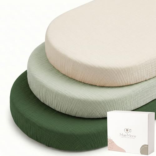 Image of MairMore 3 Pack Muslin Bassinet Sheets for Babies, Soft & Breathable 100% Cotton Fitted Sheets for Oval, Rectangle, Hourglass Bassinet Mattress Pads (Grass Green)