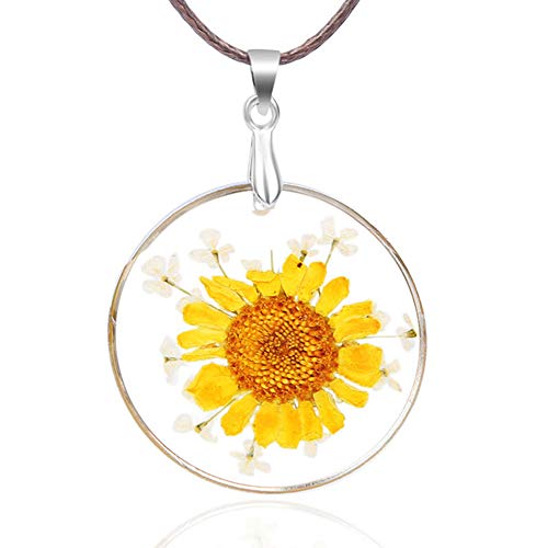 Handmade Real Dry Pressed Sunflower Round Resin Leather Necklace