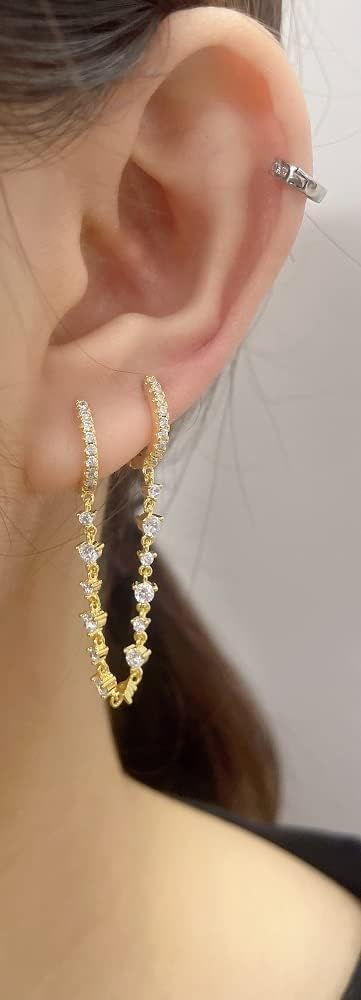 Dainty CZ Double Two Holes Small Hoop Cuff Earrings for Women Synthesis Cubic Zirconia Chain Threader Dangle Drop Crystal Climber Crawler Wrap Dainty Huggie Hoops Fashion Jewelry 1 Pair