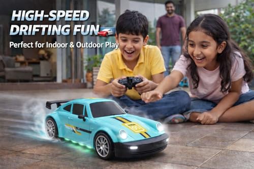 Image of 360 Remote Control Stunt Car for Kids | 1:24 RC Racing Drift Car with LED Lights, 2.4GHz Controller, Rechargeable Battery, Long Range 160ft | Gift Toy for Boys & Girls (Sky Blue)