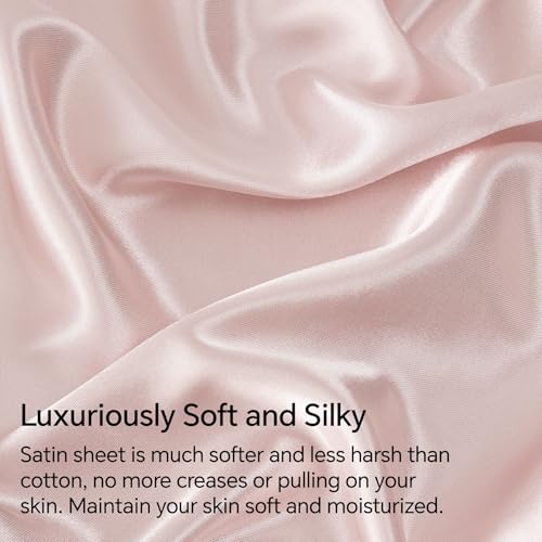 BEDELITE Satin Fitted Sheet and Pillowcase Set, Luxury Soft Similar to Silk Bottom Bedsheet with Elastic Corner Straps, Deep Pocket up to 15 Inch, 1 Fitted Sheet and 1 Pillowcase(Twin, Pink)