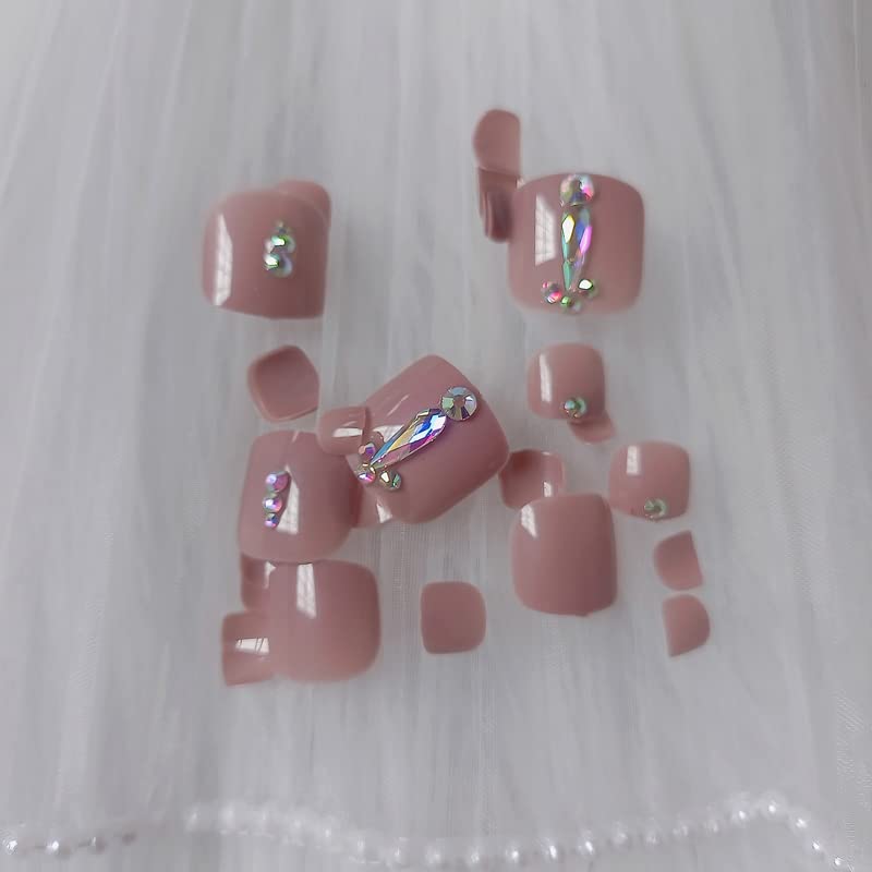 Miniatura 4 de ZYBUXY 24 uñas de los pies a presión color caqui para los dedos de los pies, elegantes y exquisitas piedras brillantes, uñas postizas para novias,