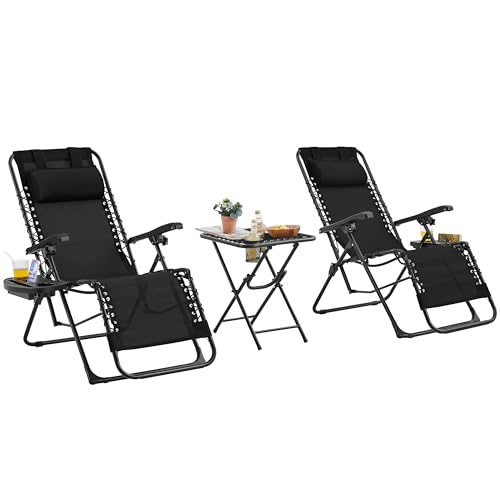 Abician Lot de 2 Chaise Longue Pliable et inclinable, avec Table Pliable Support de Gobelet, Fauteuil Relax Jardin de gravité zéro transat Bain de Soleil,...