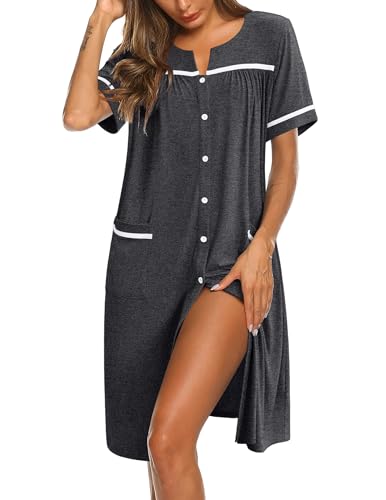 Image of Ekouaer Nightgowns for Women House Dress with Pockets Button Down Sleepshirt Short Sleeve Nightshirt Housecoat