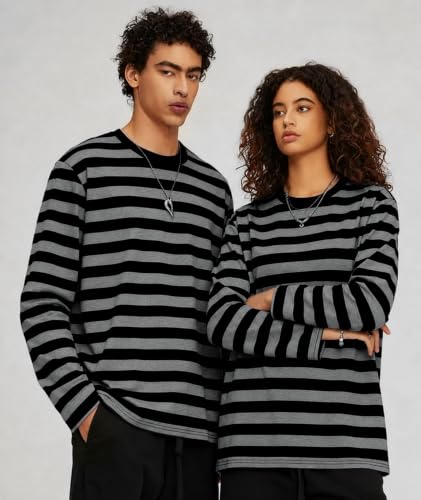 Image of KESIHAN Mens Striped Long Sleeve Shirt Crewneck Casual Basic Stripe Tee | Crewneck long sleeve striped tee with cotton spandex fabric,casual regular fit basic style for daily wear and layering.