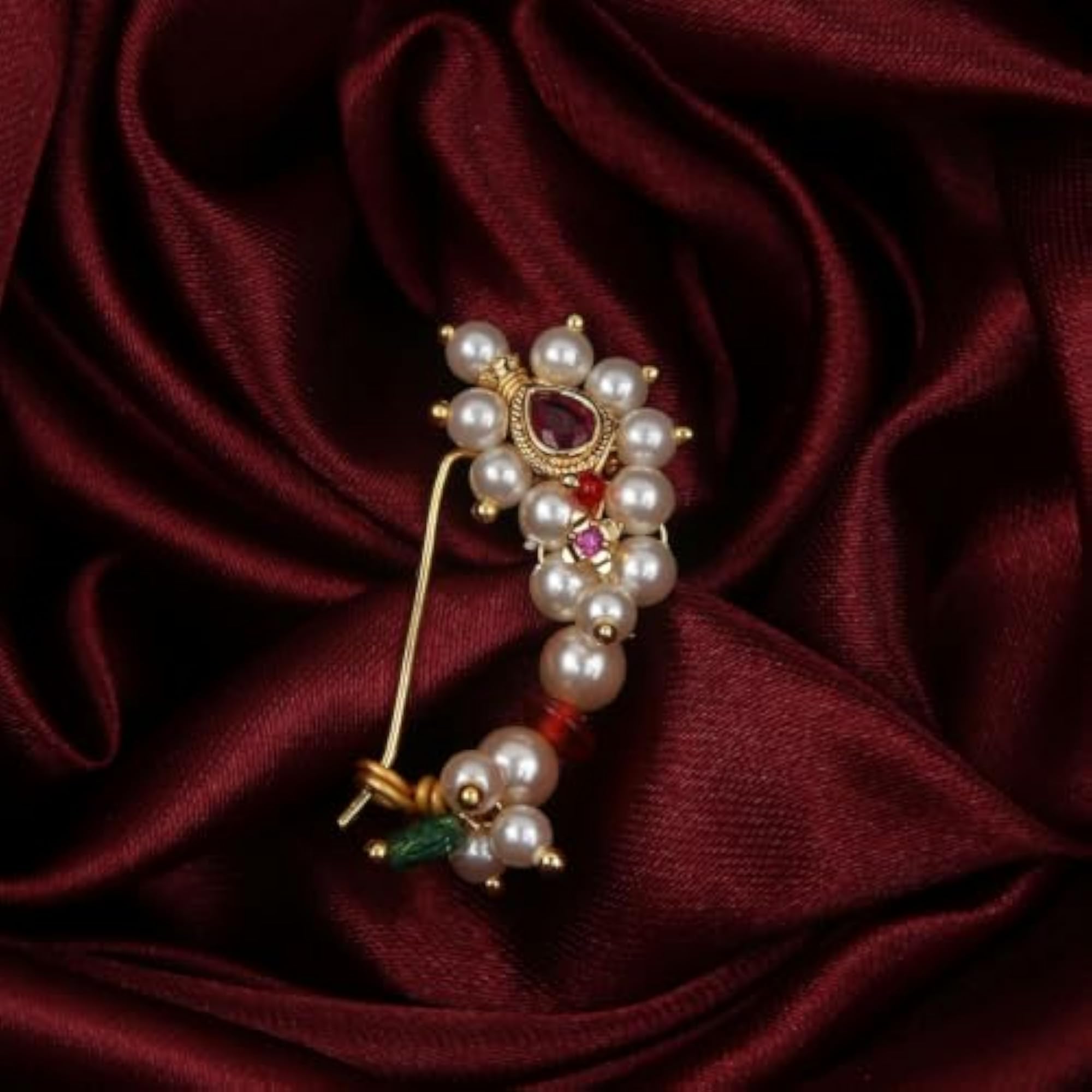 Maharashtrian Pink Stone & Pearl Stud Nose Pin for Bride
