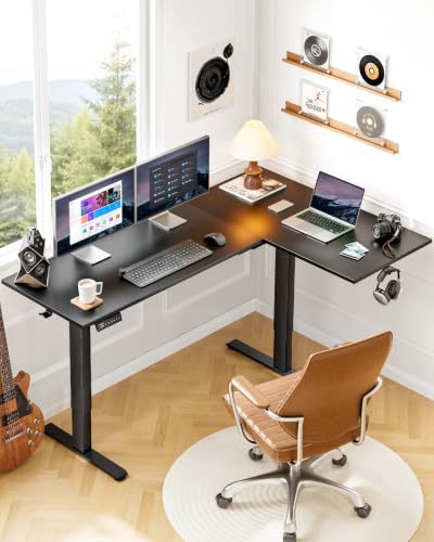 Image of HUANUO L Shaped Standing Desk with Dual Crossbar Frame, 63 x 39.4 in