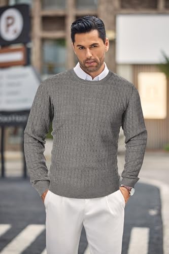 COOFANDY Men's Crewneck Cable Knit Sweaters Long Sleeve Lightweight Casual Twist Patterned Pullover Sweater B-Grey2