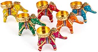 JH Gallery Handcrafted Recycled Material Elephant Tealight Candle Holder Home Decoration Item for Diwali Decor (Multicolor, 8 X 5 X 10 Cm) - Pack of 6