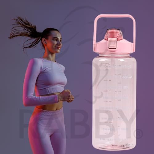 Image of RABBY 2L Motivational Water Bottle for Kids & School Use | Time Marker, BPA-Free, Leakproof Straw Lid, Carry Strap | Plastic Water Bottle for Travel, Sports, Gym, Office (Pink 1Pcs)