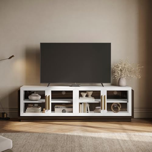 BELLEZE 70 TV Stand for TVs up to 75 Modern Entertainment Center with Glass Door & Shelves Wood Storage Cabinet for Living Room - Brixston (White)