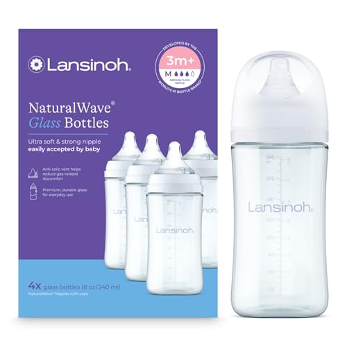 Image of Lansinoh Anti-Colic Glass Baby Bottles, White Collar, 8 Ounces, 4 Count