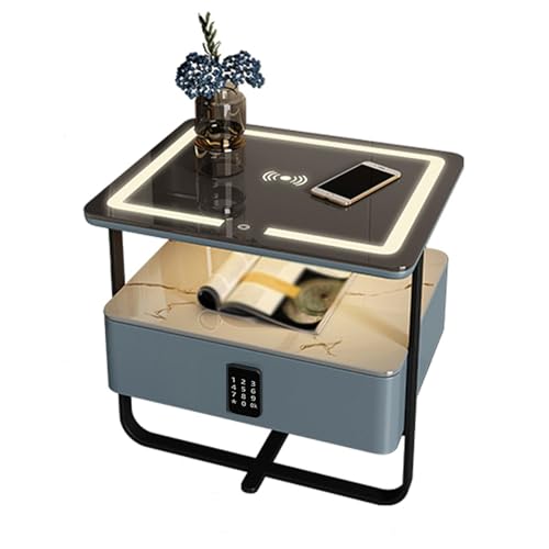 HJYBFA Mesita de Noche Dormitorio, Inteligente, con luz LED de 3 Colores y cerraduras, Cubierta de Vidrio Templado, Mesa Auxiliar para Sala de Estar (Color: Azul, 1 Pieza)