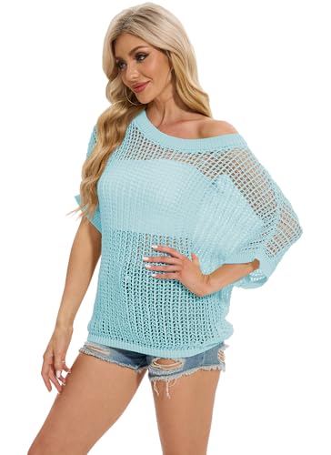 Image of LOZ Womens Summer Scoop Neck 3 /4 Sleeve Sweater Casual Crochet Hollow Out Knit Tops Pullover Shirts Beach Coverup