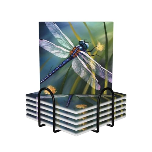 Dessous de verre en céramique absorbant lot de 6 avec liège motif libellule - 2