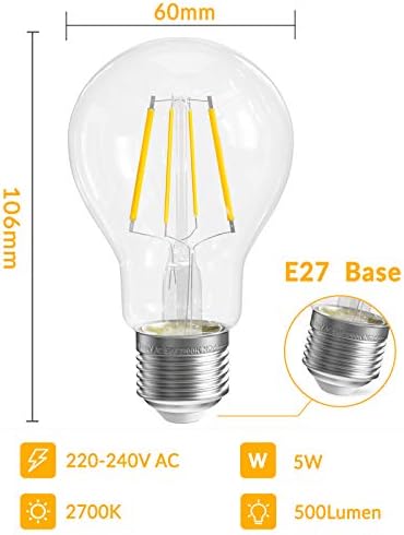 QNINE Warm White E27 Screw Bulb, 5W (50W Equivalent), 500lm, LED Filament Bulb, 2700K, Non-Dimmable, 3-Pack