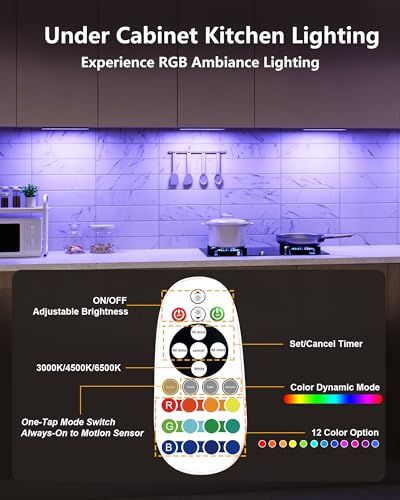 Image of SZOKLED 58-LED Motion Sensor Under Cabinet Lights Wireless, RGB Closet Light Night Lights Remote, Rechargeable Under Cabinet Lighting Counter Lights for Indoor Kitchen, Stair (6 Packs)