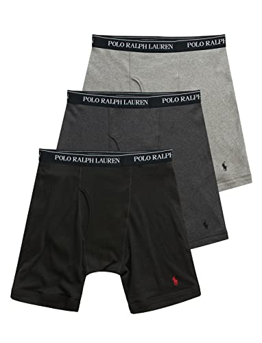 POLO RALPH LAUREN Men's Classic Fit Cotton Boxer Briefs, Trunks & Long Leg Available, 3-Pack, Andover Heather/Madison Heather/Black-3 Pack, Large