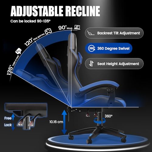 Miniatura 9 de Bigzzia Silla Gaming,Silla Ergonómica De Oficina En Cuero Pu,Regulable En Altura Con Soporte Lumbar Y Reposacabezas,Respaldo Reclinable 155 ,Silla Gamer Adulto Niño Azul