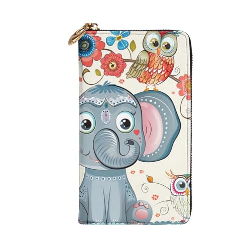Cartoon Elephant and Owls Floral Printed Long Wallet for Women Men Cute PU Leather Wallet with Coin Purse and Credit Card Holder2