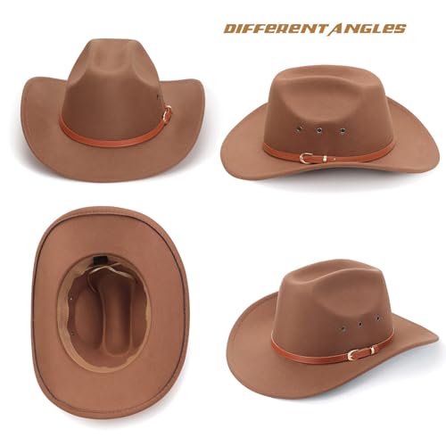 Image of DRESHOW Cowboy Hat for Women and Men Western Felt Cowboy Cowgirl Hat Wide Brim Belt Buckle Retro Fedora Hats Unisex Caps