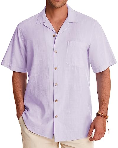 Image of Alimens & Gentle Mens Linen Shirts Cotton Hawaiian Shirts Short Sleeve Button Down Shirts Casual Summer Beach Tops
