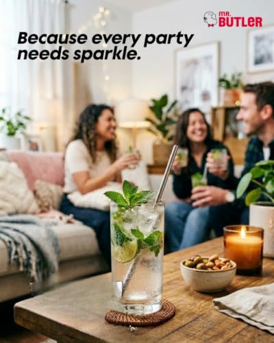 Image of Mr. Butler Instafizz Sodamaker - Jumbo Pack with 2 cylinders and 4 PET Bottles, Create Sparkling Water In Home Kitchen, Compact, Space Saving Design, Soda Beverage Carbonator, Silver & Black