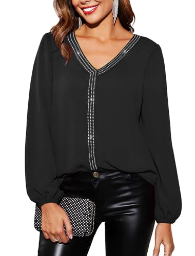 Teesho Damen Bluse V-Ausschnitt Elegant Hemdbluse Langarm Shirt Glitzer Tops Festlich Oberteil（Schwarz/XL