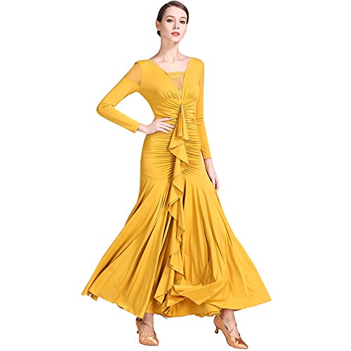 YUMEIREN Frills Design Ballroom Dance Dress Modern Dance Flamenco Waltz Dress Standard Practice Wear Competition Costume(Yellow,M)