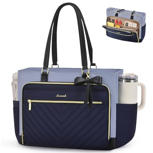 Image of LOVEVOOK 17 Inch Tote Bag for Women, Work Bags Laptop Bag with Large Cup Holder, Quilted Nurse Bag Diaper Tote with Multi-Pockets, Large Computer Handbag Purse for Bussiness Travel