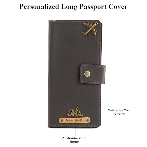 Image of AICA Personalized Name & Charm Long Leather Wallet Passport Cover with Passport, Boarding Pass, Currency, Card Slot & Coin Holder for Men & Women (Grey) | Customised Gifts for Men Women