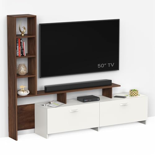 Image of BLUEWUD Amy Engineered Wood TV Entertainment Unit Set Top Box Stand /TV Cabinet Panel with Shelves for Books & Decor Display Unit Bed Living Room Upto 65 Inches - DIY (Brown Maple & White)