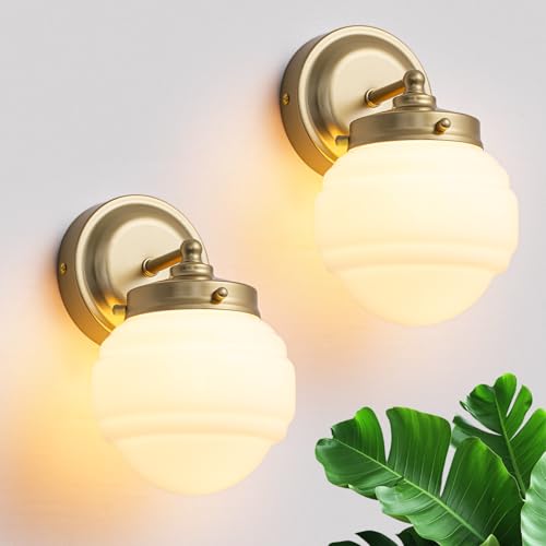Image of Mid Century Wall Light Set of 2 Modern Gold Bathroom Sconces Milk White Glass Vanity Wall Lighting Fixture for Hallway Bedroom Living Room Kitchen Stairway (Hardwired, E26)