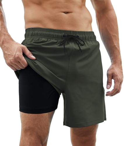 Mens Swim Trunks with Compression Liner Quick Dry Swim Shorts 2 in 1 Bathing Suits with Zipper Pockets