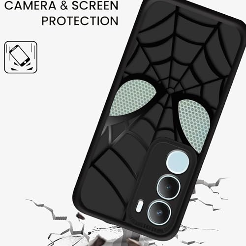 Image of Stylish Spider Back Case Cover Compatible for Vivo T4 lite 5G / Y19 5G / Y19e / Y04 4G / Y29s 5G | Spidey Face Mask Case | Soft Silicone | Camera & Full Body Protection | Shock Proof | (Black)