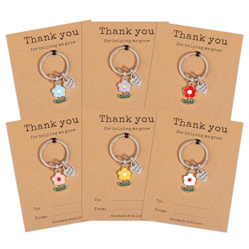 Miss Pink 6Pcs Teacher Appreciation Keychains Gifts In Bulk Teachers Day Week End of The Year Thank You for Helping Me Grow Flower Keychains Gifts for Daycare Math Music Teachers (6P)