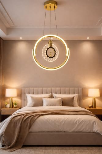 Image of Modern Luxury Stylish LED Ring Gold Finish with 3 Different Color Mode (Warm White, Cool White, Neutral White) Changing Chandelier with Height Adjustable Hanging for Bedroom, Living, Dining,