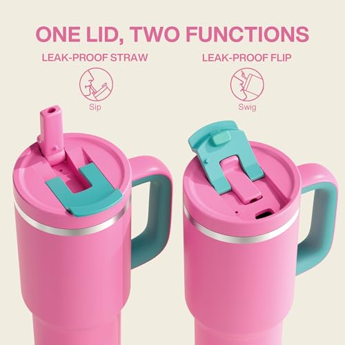 Image of ENCOOL 40 oz Tumbler with Handle and Straw: Stainless Steel Insulated Tumbler Keeps Cold for 24 Hours, Leakproof Travel Cup Fits in Cup Holder and BPA-Free,Light Crimson