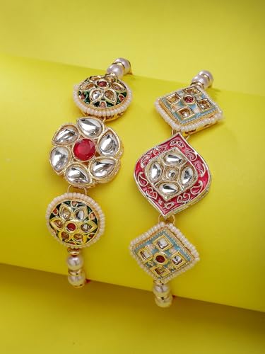 Image of Sukkhi Rakhi Traditional Kundan & Pearls Designer Meenakari Gold Plated Premium Rakhi for Brother with Roli Chawal & Greeting Card | Rakhi for Brother /Bhaiya /Bhai /Men|Rakhi Combo-Set of 2
