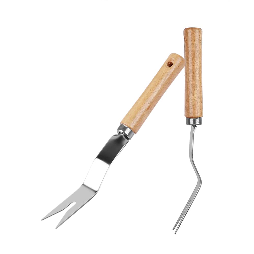 SEIWEI 2PCS Garden Hand Weeder Wooden Handle Manual Weed Fork Shovel Dandelion Y-Shape Weed Puller Remover Transplanting Digging Tools Grass Puller Bend-Proof Fast Labor-Saving For Lawn Yard