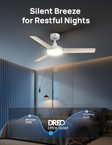 Image of DREO Smart Ceiling Fans with Lights, 52 Inch White Ceiling Fan, 12 Speeds & 3 Fan Modes, Stepless Color Tones, Dimmable LED Light, 1-12H Timer, Quiet DC Motor, Remote /APP /Alexa /Wall Switch Control