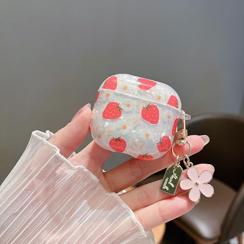Image of MINSCOSE for Cute Glitter AirPods 4 Case,Shell Pattern Girly Strawberry Design with Trendy Floral Keychain,Soft TPU Protective Cover with Cleaner Kit for Girls Women for AirPods 4-Red
