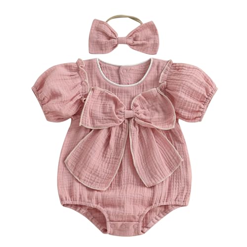 Newborn Infant Baby Girl Summer Clothes Cotton Linen Short Sleeve Bubble Romper Bow Bodysuit with Headband