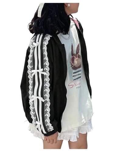 MakeMeChic Girl's Lace Bow Knot Striped Jacket Long Sleeve Hooded Zip Up Y2K Coat Outerwear