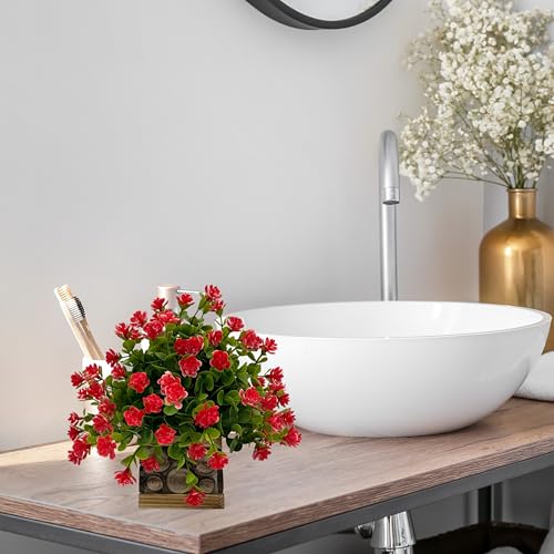 Image of Tdas Artificial Flower Plants Leaves Wooden Potted Eucalyptus Flowers Home Decor Greenery Small Faux with Pot for Indoor Shelf Desk Bathroom Bedroom Office Decoration (Red)