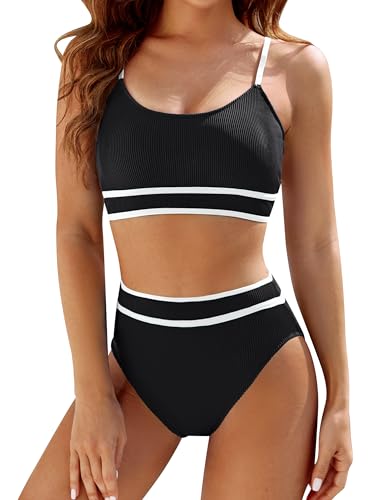 BMJL Womens High Waisted Bikini Sets Tummy Control Swimsuits Two Piece Sporty Color Block Bathing Suit Beach Wear