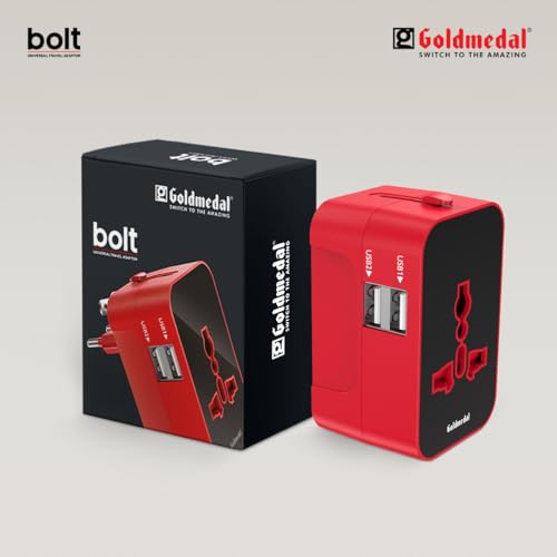 Image of Goldmedal Bolt Universal Travel Adaptor | 2 Type-A USB Ports for Quick Charging | Supports Variety of Plug Types| Perfect for International Travel - Black & Red | Supports Variety of Plug Types| Perfect for International Travel - Black & Red
