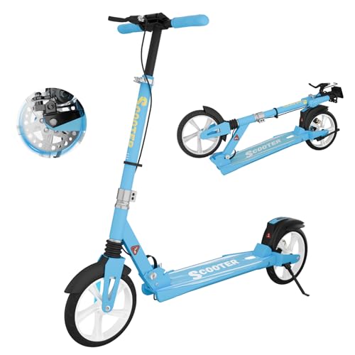 MEE GOO Erwachsenen Scooter – Roller mit Scheibenbremse & Doppel-Stoßdämpfern, 200mm PU-Räder, ABEC-7 Kugellager, rutschfeste Deck (Rosa/Weiß/Blau) – Max. 100kg (BLAU)