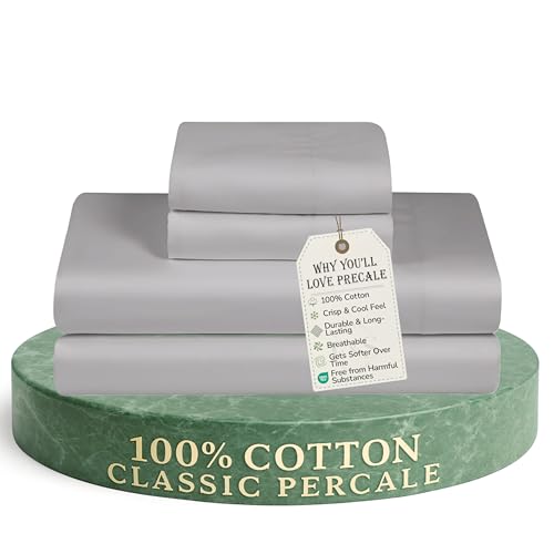 Feather & Stitch Softest 100% Cotton Sheets, 300 Thread Count Percale Weave Bedding, 16' Deep Pocket, Cooling Sheets, Breathable Bed Set, Hotel Premium Quality (Queen, Grey)