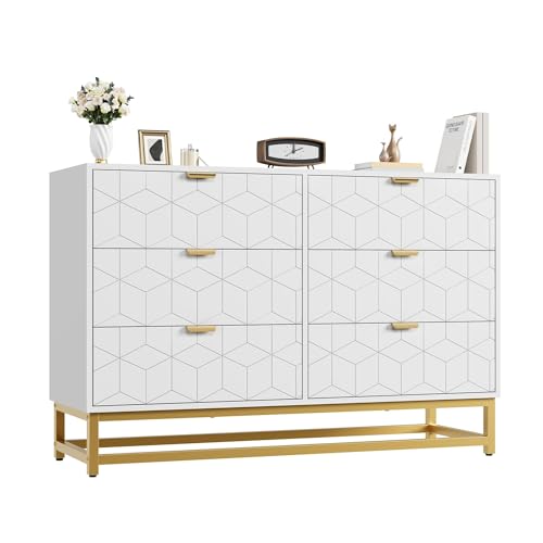 GAOMON White Dresser for Bedroom,Modern 6 Drawer Double Dresser with Gold Handles,Long Storage Organizer for TV Stand & Closet,Large Chest of Drawers for Living Room,Hallway,Entryway